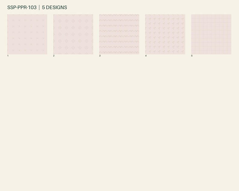 May include: Five square paper sheets labeled SSP-PPR-103, each featuring a light pink background with distinct patterns: small dots, circular motifs, horizontal wavy lines, repeating diagonal dashes, and a thin grid pattern in a darker pink shade.