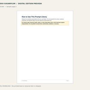 Puede incluir: Una p&aacute;gina de documento digital titulada Studio Sugarplum Digital Edition Preview, que presenta el encabezado How to Use This Prompt Library, texto instructivo y un cuadro resaltado con una advertencia sobre verificaci&oacute;n.