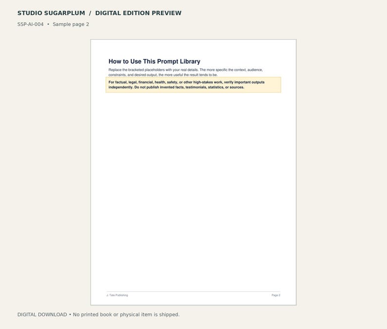 Puede incluir: Una p&aacute;gina de documento digital titulada Studio Sugarplum Digital Edition Preview, que presenta el encabezado How to Use This Prompt Library, texto instructivo y un cuadro resaltado con una advertencia sobre verificaci&oacute;n.
