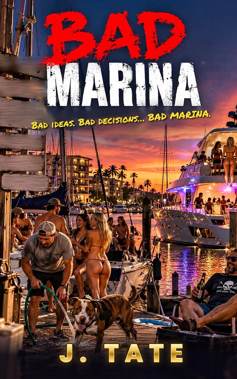 Peut inclure: Une couverture de livre intitul&eacute;e BAD MARINA avec le sous-titre BAD IDEAS. BAD DECISIONS... BAD MARINA. par J. TATE. La sc&egrave;ne montre une marina au coucher du soleil avec des personnes sur des bateaux, un chien sur un ponton et une personne utilisant un tuyau pour laver le pont.