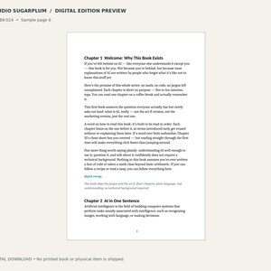 May include: A digital book preview page titled Studio Sugarplum with the text Chapter 1 Welcome: Why This Book Exists and Chapter 2 AI in One Sentence. The page contains paragraphs explaining the book's approach to artificial intelligence.