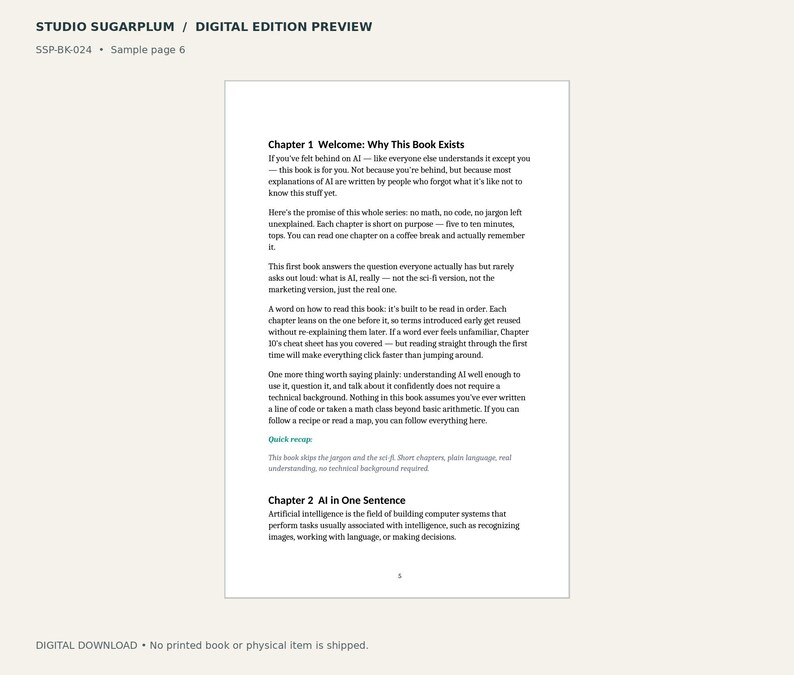 May include: A digital book preview page titled Studio Sugarplum with the text Chapter 1 Welcome: Why This Book Exists and Chapter 2 AI in One Sentence. The page contains paragraphs explaining the book's approach to artificial intelligence.