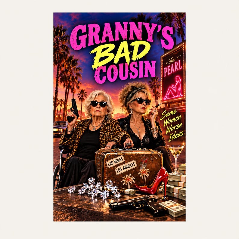 May include: A film poster titled Granny's Bad Cousin featuring two older women wearing sunglasses, one in a leopard print jacket holding a handgun, the other with a cigar. A suitcase labelled Las Vegas and Los Angeles, diamonds, cash, and a red high heel are present.