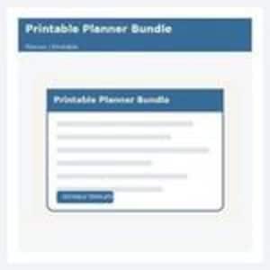 May include: A digital graphic featuring the text Printable Planner Bundle in a blue header bar, with a smaller white box below containing the same title, five horizontal lines representing text, and a blue button labelled Get Details.