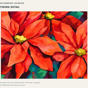 May include: An oil painting detail featuring vibrant red poinsettia flowers with bright yellow centers and visible brushstrokes. The composition includes deep green and dark purple foliage accents nestled between the large, bold red petals.