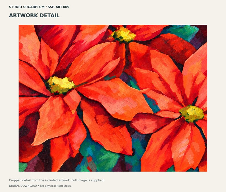 May include: An oil painting detail featuring vibrant red poinsettia flowers with bright yellow centers and visible brushstrokes. The composition includes deep green and dark purple foliage accents nestled between the large, bold red petals.