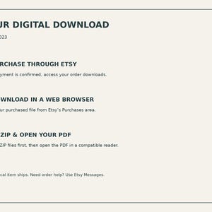May include: A digital download instruction card with a cream background and dark text. It outlines three steps: purchase through Etsy, download in a web browser, and unzip and open your PDF. It includes the code SSP-BK-023 and notes no physical item ships.