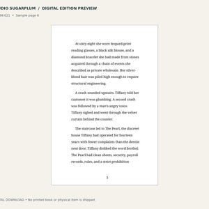 May include: A digital preview of a book page titled Studio Sugarplum, featuring black text on a white background. The page contains a narrative excerpt about a character named Tiffany, the number 5 at the bottom, and the code SSP-BK-021.