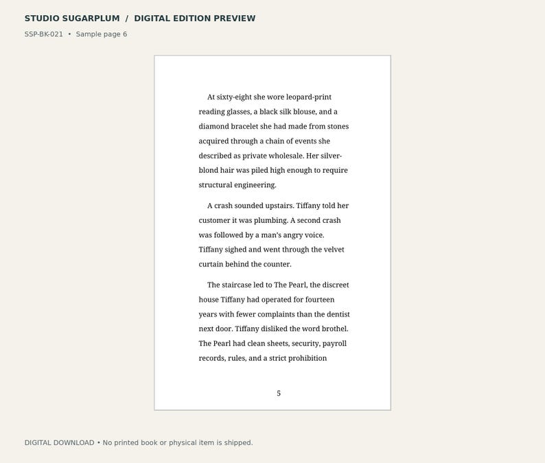 May include: A digital preview of a book page titled Studio Sugarplum, featuring black text on a white background. The page contains a narrative excerpt about a character named Tiffany, the number 5 at the bottom, and the code SSP-BK-021.