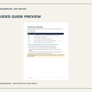 May include: A digital document titled Included Guide Preview from Studio Sugarplum, SSP-MKT-002. The page features a 60-minute setup table, instructions for local service businesses, and a highlighted note about posting content.