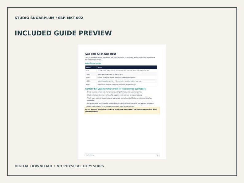 May include: A digital document titled Included Guide Preview from Studio Sugarplum, SSP-MKT-002. The page features a 60-minute setup table, instructions for local service businesses, and a highlighted note about posting content.
