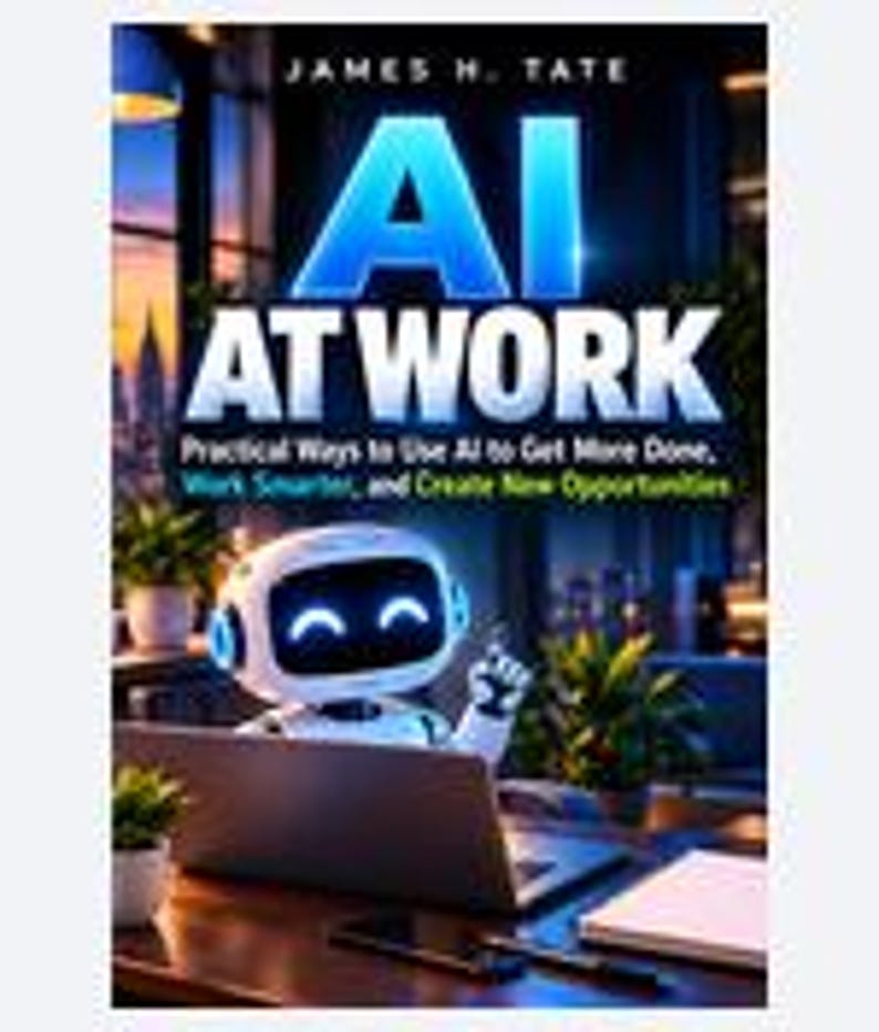 May include: A book cover titled AI AT WORK by James H. Tate. The cover features a small white robot with a glowing blue screen face sitting at a desk with a laptop, plants, and office supplies in a modern office setting at dusk.