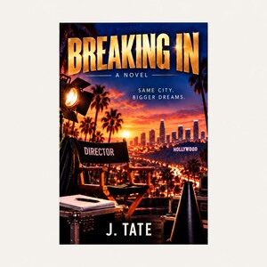 May include: A book cover titled Breaking In by J. Tate featuring a director's chair, a film spotlight, and a megaphone against a sunset view of the Hollywood skyline. The text reads Breaking In, A Novel, Same City. Bigger Dreams., Hollywood, and J. Tate.