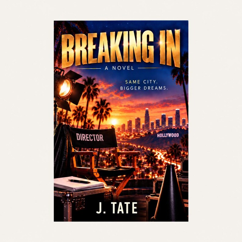 May include: A book cover titled Breaking In A Novel by J. Tate. The image features a director's chair, a film light, and a megaphone against a sunset backdrop of the Hollywood skyline with palm trees and the text Same City. Bigger Dreams.