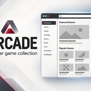 May include: A digital interface for a browser game collection titled ARCADE, featuring a logo with a stylized letter A, a sidebar with game categories, and a main content area displaying featured and popular games with placeholder graphics.