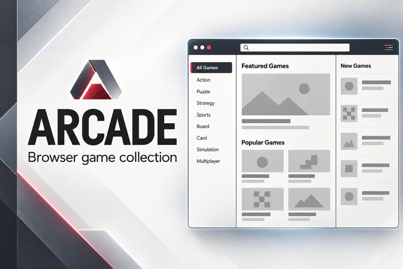 May include: A digital interface for a browser game collection titled ARCADE, featuring a logo with a stylized letter A, a sidebar with game categories, and a main content area displaying featured and popular games with placeholder graphics.