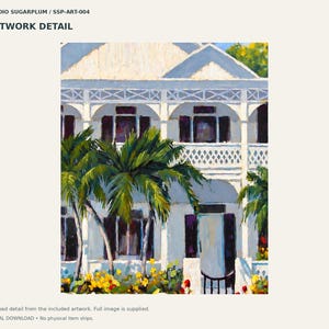 May include: An oil painting detail of a white two-story house with a wrap-around porch, dark shutters, and a lattice railing. Green palm trees and yellow flowers are in the foreground. Text at the top reads STUDIO SUGARPLUM / SSP-ART-004.