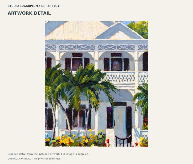 May include: An oil painting detail of a white two-story house with a wrap-around porch, dark shutters, and a lattice railing. Green palm trees and yellow flowers are in the foreground. Text at the top reads STUDIO SUGARPLUM / SSP-ART-004.
