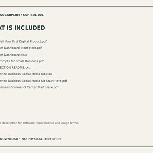 May include: A digital product list titled WHAT IS INCLUDED from STUDIO SUGARPLUM / SSP-BDL-001. It lists files including How to Sell Your First Digital Product.pdf, Etsy Seller Dashboard.xlsx, 100 AI Prompts for Small Business.pdf, and others.