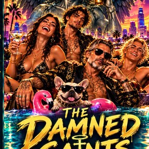 May include: A book cover titled The Damned Saints by J. Tate featuring a group of people and a French bulldog in sunglasses floating in a pool, with a large winged figure in the background against a vibrant sunset city skyline.