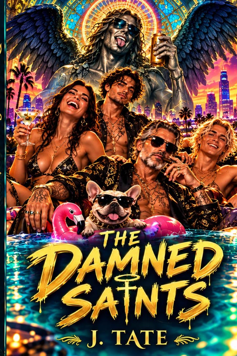 May include: A book cover titled The Damned Saints by J. Tate featuring a group of people and a French bulldog in sunglasses floating in a pool, with a large winged figure in the background against a vibrant sunset city skyline.