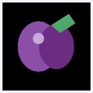 Puede incluir: Una ilustraci&oacute;n gr&aacute;fica de una ciruela que presenta dos c&iacute;rculos superpuestos en tonos morado y morado claro. Un peque&ntilde;o rect&aacute;ngulo verde s&oacute;lido est&aacute; colocado en la parte superior derecha de la forma de la ciruela, representando una hoja sobre un fondo negro.