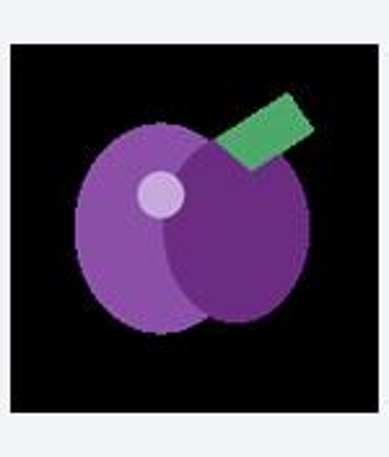 Puede incluir: Una ilustraci&oacute;n gr&aacute;fica de una ciruela que presenta dos c&iacute;rculos superpuestos en tonos morado y morado claro. Un peque&ntilde;o rect&aacute;ngulo verde s&oacute;lido est&aacute; colocado en la parte superior derecha de la forma de la ciruela, representando una hoja sobre un fondo negro.