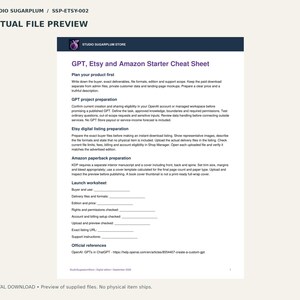 Puede incluir: Un documento digital blanco titulado GPT, Etsy and Amazon Starter Cheat Sheet de Studio Sugarplum Store. La p&aacute;gina contiene secciones para la planificaci&oacute;n de productos, preparaci&oacute;n de proyectos y una hoja de trabajo.