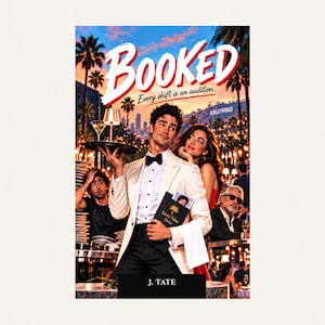 May include: A book cover titled BOOKED with the subtitle Every shift is an audition by J. Tate. The illustration features a server in a white tuxedo jacket and black bow tie holding a tray and a Sunset Palms Bistro menu in a busy restaurant.