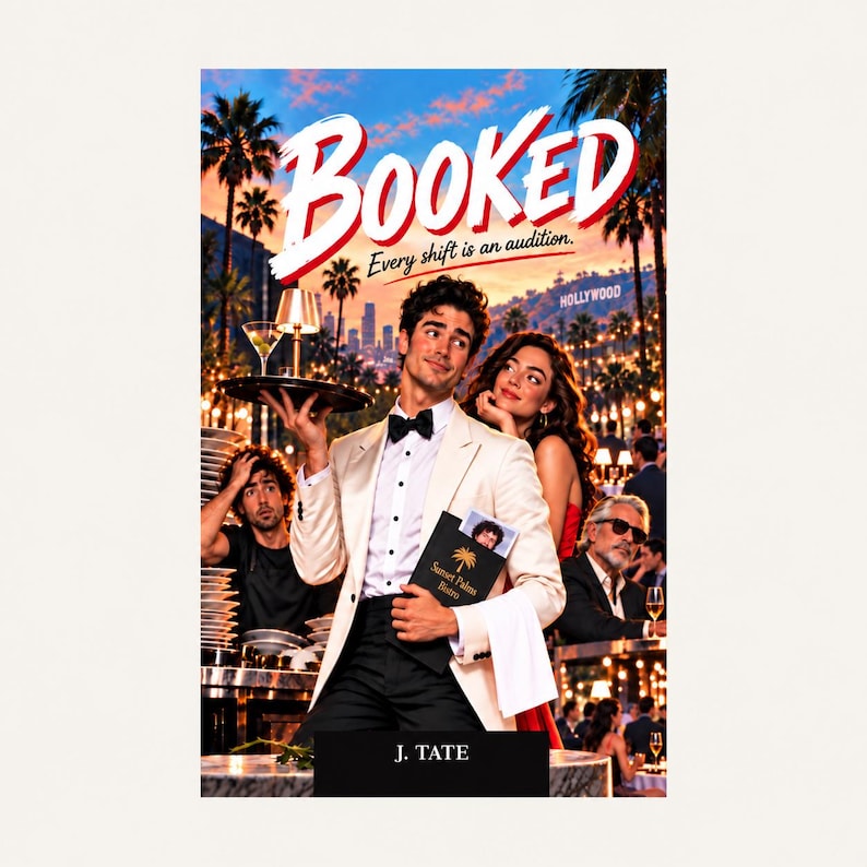 May include: A book cover titled BOOKED with the subtitle Every shift is an audition by J. Tate. The illustration features a server in a white tuxedo jacket and black bow tie holding a tray and a Sunset Palms Bistro menu in a busy restaurant.