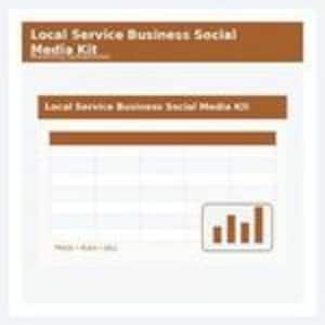 May include: A digital document titled Local Service Business Social Media Kit with a brown header and a white grid table. The document includes a small bar chart icon in the bottom right corner and the text TRACK PLAN SELL at the bottom left.
