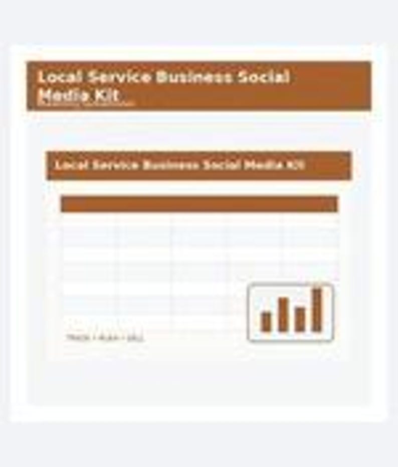 May include: A digital document titled Local Service Business Social Media Kit with brown headers, a white grid table, and a small bar chart icon in the bottom right corner. The text TRACK &bull; PLAN &bull; SELL is printed in the lower left area.
