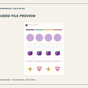 May include: A digital sticker sheet labeled STUDIO SUGARPLUM / SSP-STK-201 and INCLUDED FILE PREVIEW. The sheet features four columns of graphics including light purple circles, checkmarks, plum icons, progress bars, and gold stars and pink hearts.