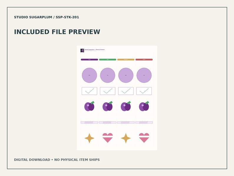 May include: A digital sticker sheet labeled STUDIO SUGARPLUM / SSP-STK-201 and INCLUDED FILE PREVIEW. The sheet features four columns of graphics including light purple circles, checkmarks, plum icons, progress bars, and gold stars and pink hearts.