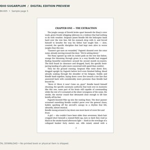 May include: A digital preview of a book page titled STUDIO SUGARPLUM / DIGITAL EDITION PREVIEW, SSP-BK-005, Sample page 5. The text features Chapter One, The Extraction, describing a jungle scene with a Huey helicopter and soldiers.