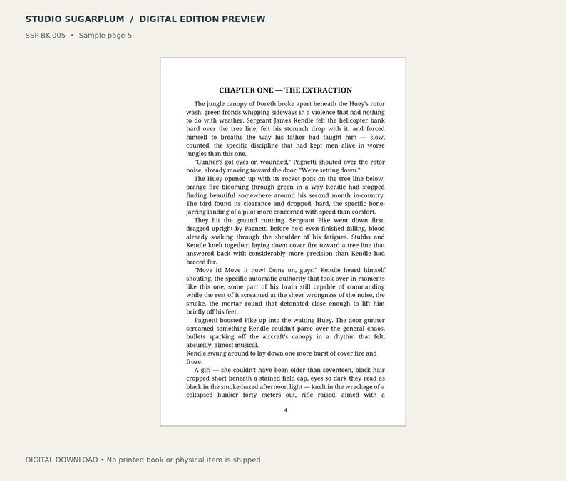 May include: A digital preview of a book page titled STUDIO SUGARPLUM / DIGITAL EDITION PREVIEW, SSP-BK-005, Sample page 5. The text features Chapter One, The Extraction, describing a jungle scene with a Huey helicopter and soldiers.