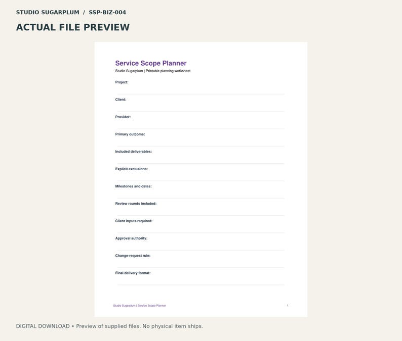 May include: A white printable Service Scope Planner worksheet with purple text. The document includes fields for Project, Client, Provider, Primary outcome, Included deliverables, Explicit exclusions, Milestones and dates, Review rounds, and more.