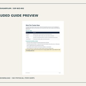 May include: A digital product seller tracker guide preview featuring the text STUDIO SUGARPLUM / SSP-BIZ-002, INCLUDED GUIDE PREVIEW, What This Tracker Does, The four tabs, and A practical monthly review, presented on a white document page.