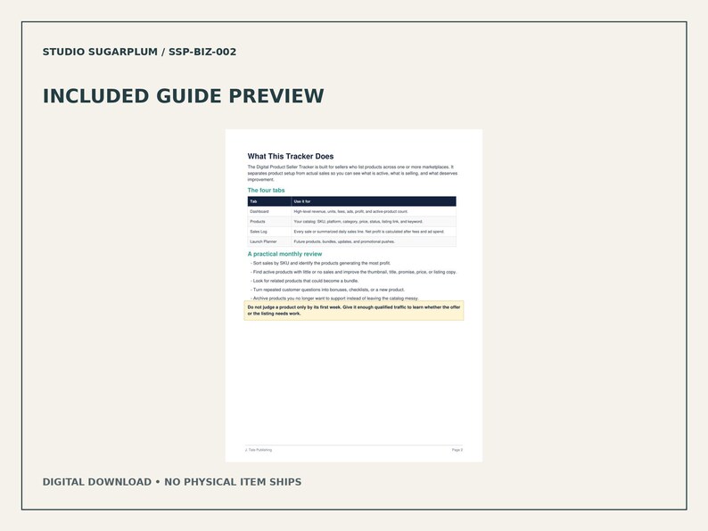 May include: A digital product seller tracker guide preview featuring the text STUDIO SUGARPLUM / SSP-BIZ-002, INCLUDED GUIDE PREVIEW, What This Tracker Does, The four tabs, and A practical monthly review, presented on a white document page.