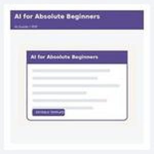 May include: A digital interface display featuring the title AI for Absolute Beginners in a purple header bar. Below, a white content card repeats the title, includes several lines of placeholder text, and a purple button labeled Enroll Today.