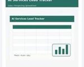 May include: A digital spreadsheet template titled AI Services Lead Tracker with a dark green header and a matching table section. The layout includes a bar chart icon in the bottom right corner and the text Track, Plan, Sell at the bottom left.