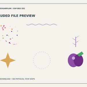 Puede incluir: Una vista previa de archivo digital etiquetada STUDIO SUGARPLUM / SSP-DES-201 que presenta una colecci&oacute;n de elementos gr&aacute;ficos: un grupo de puntos multicolores, una l&iacute;nea ondulada morada, una estrella dorada de cuatro puntas, un c&iacute;rculo punteado y un icono de ciruela morada.