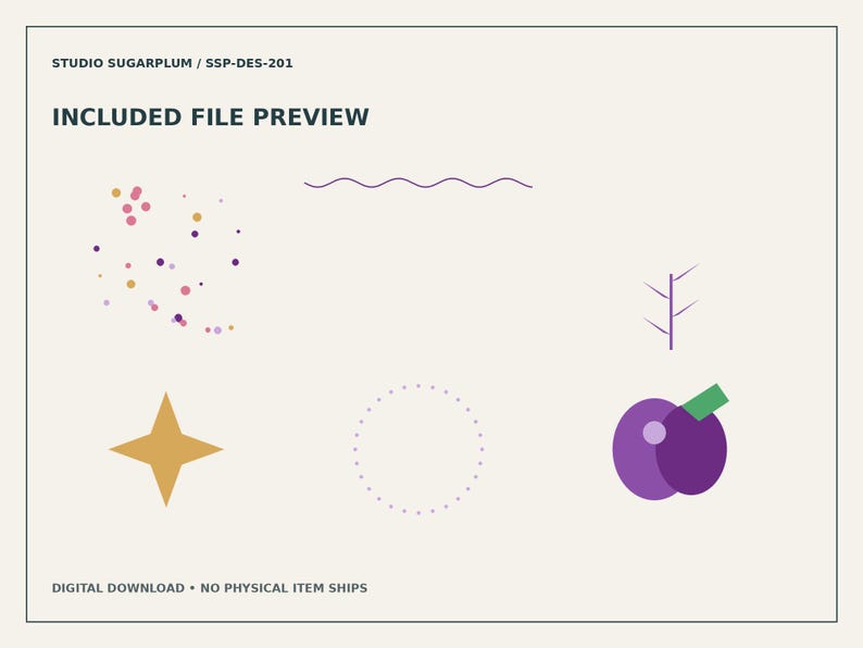 Puede incluir: Una vista previa de archivo digital etiquetada STUDIO SUGARPLUM / SSP-DES-201 que presenta una colecci&oacute;n de elementos gr&aacute;ficos: un grupo de puntos multicolores, una l&iacute;nea ondulada morada, una estrella dorada de cuatro puntas, un c&iacute;rculo punteado y un icono de ciruela morada.