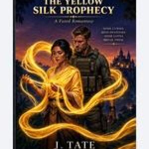 May include: A book cover titled The Yellow Silk Prophecy by J. Tate. It features a person in a yellow garment holding glowing yellow ribbons, standing before a person in tactical gear. The background shows a dark castle at sunset.