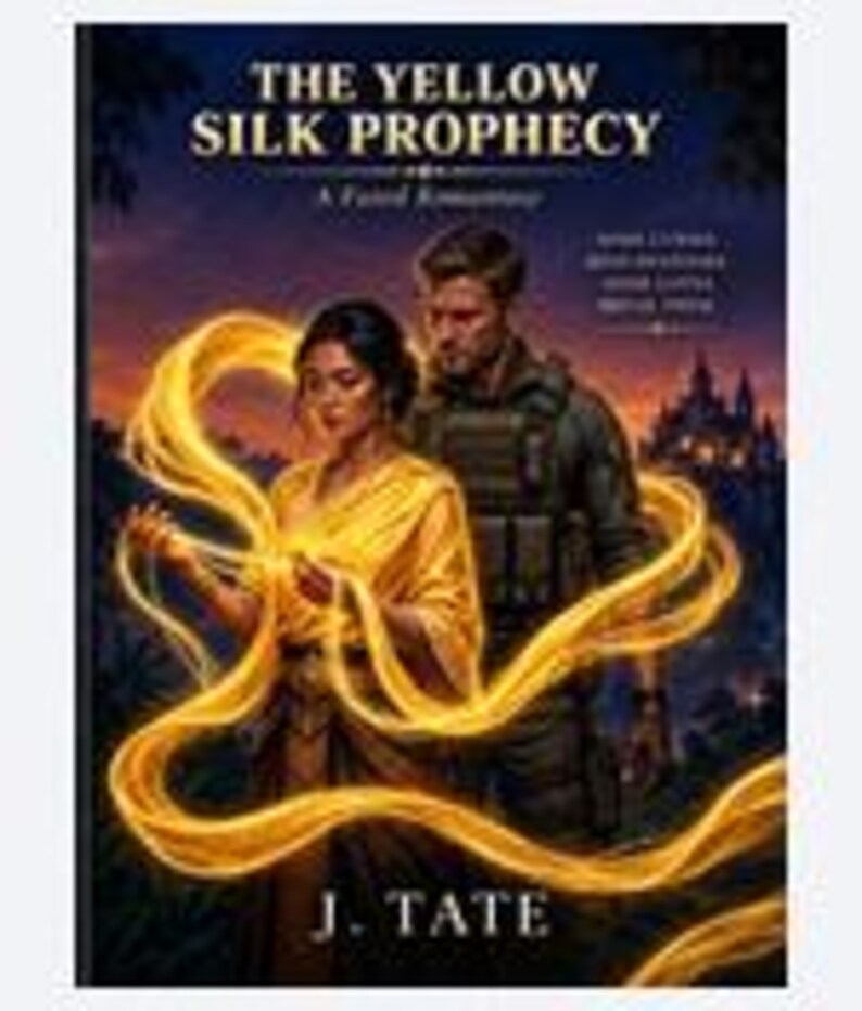 May include: A book cover titled The Yellow Silk Prophecy by J. Tate. It features a person in a yellow garment holding glowing yellow ribbons, standing before a person in tactical gear. The background shows a dark castle at sunset.