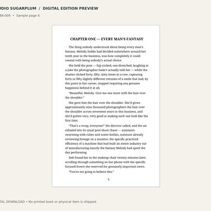 Może przedstawiać: Cyfrowa strona pr&oacute;bna książki zatytułowana STUDIO SUGARPLUM / DIGITAL EDITION PREVIEW. Strona zawiera tekst zaczynający się od CHAPTER ONE &mdash; EVERY MAN'S FANTASY, po kt&oacute;rym następują akapity opisujące postać o imieniu Melody Dobbs.