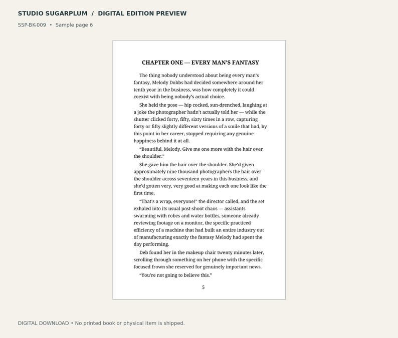 Może przedstawiać: Cyfrowa strona pr&oacute;bna książki zatytułowana STUDIO SUGARPLUM / DIGITAL EDITION PREVIEW. Strona zawiera tekst zaczynający się od CHAPTER ONE &mdash; EVERY MAN'S FANTASY, po kt&oacute;rym następują akapity opisujące postać o imieniu Melody Dobbs.