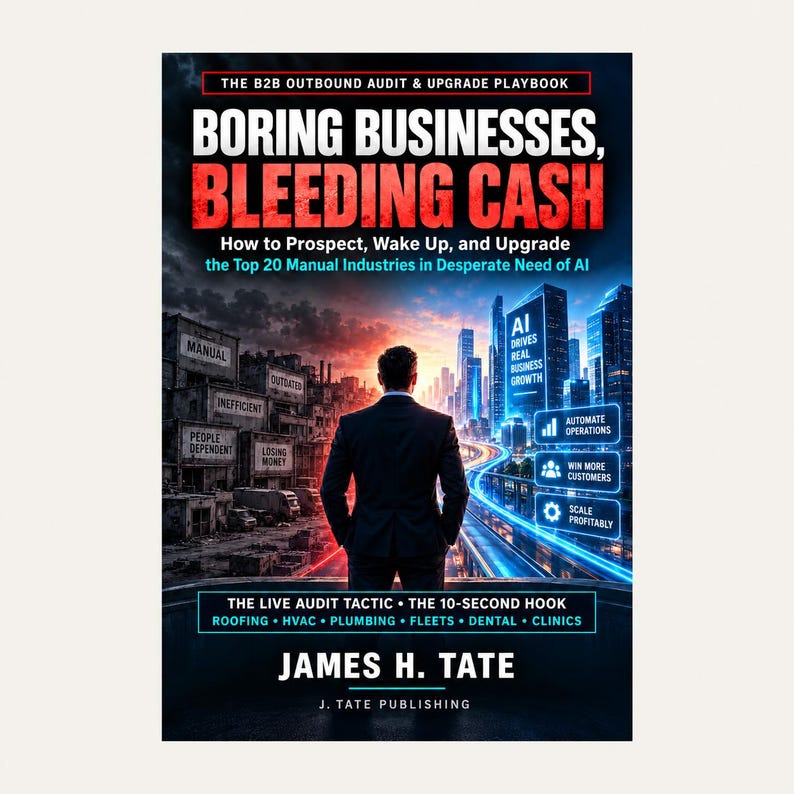 Puede incluir: Una portada de libro titulada Boring Businesses, Bleeding Cash de James H. Tate. El dise&ntilde;o muestra a una persona con traje de pie entre un paisaje urbano industrial oscuro a la izquierda y una ciudad futurista brillante con IA a la derecha.