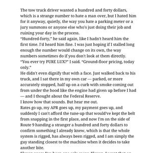 May include: A printed page of text titled Chapter 1 The Signature. The text describes a narrative about a tow truck driver, a car breakdown, and financial frustrations, including the phrase You ever try PURE LUX? and the number 5 at the bottom.