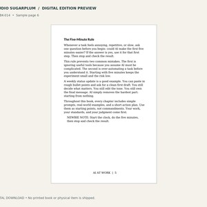 May include: A digital book page titled The Five-Minute Rule, featuring text about using AI for tasks. The header reads STUDIO SUGARPLUM / DIGITAL EDITION PREVIEW, SSP-BK-014, Sample page 6. The footer displays AI AT WORK | 5 on a white background.